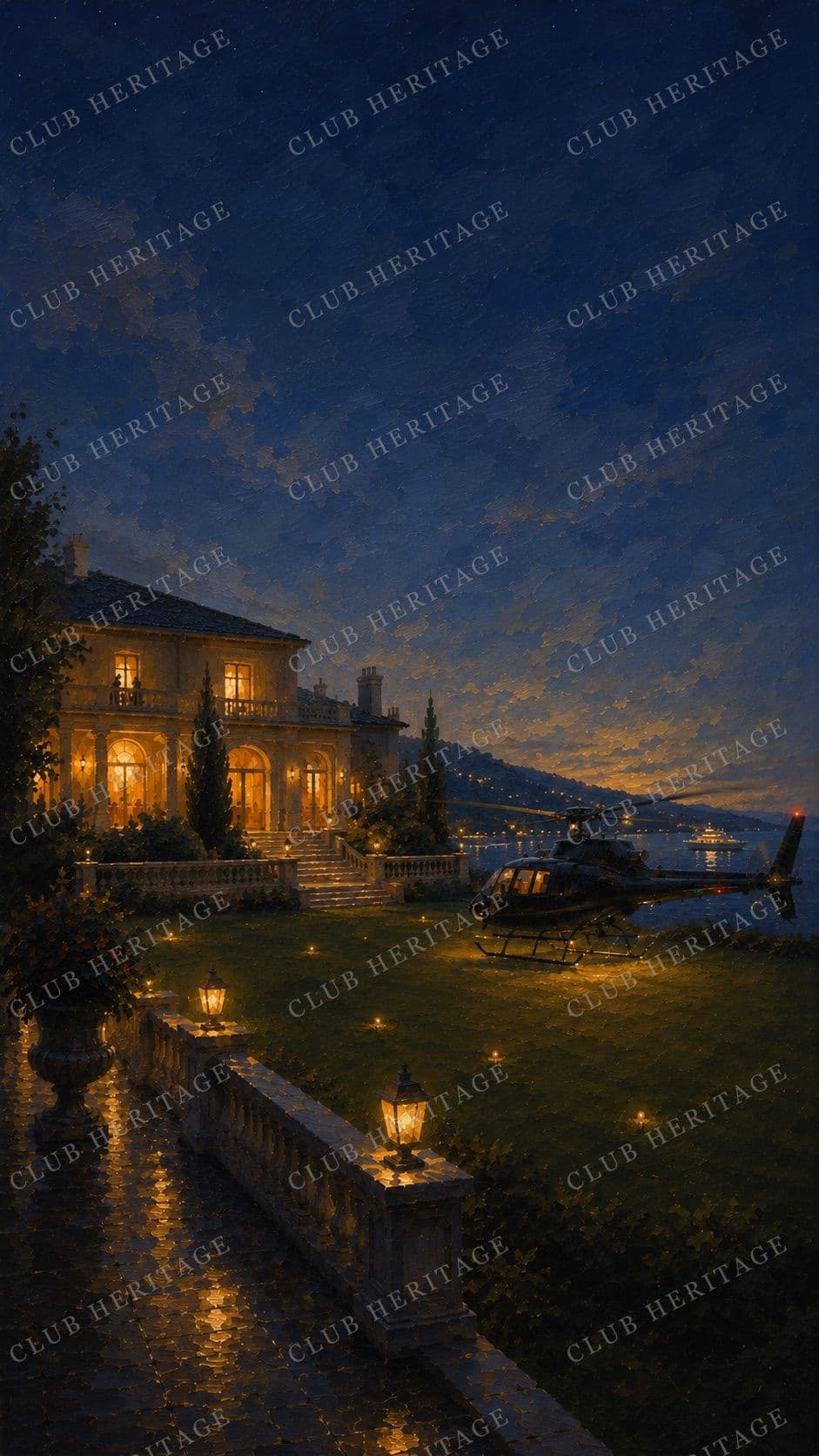 Estate Arrival — a helicopter settles on the lawn of a lakeside villa at dusk